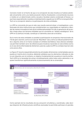 Sectores de la nueva economía 20+20                                                                   | 253 |
ADMINISTRACIÓN Y COMPETITIVIDAD




Conviene insistir en el hecho de que si la concepción de esta iniciativa se hubiese plante-
ado únicamente como una reestructuración interna, focalizando o concentrando recursos
o medios en un determinado centro, escuela o facultad, estaría condenada al fracaso. Lo
que hace especialmente novedoso el planteamiento seguido por la UPM en el proyecto Bio-
Tech es la concepción abierta a la participación de otras entidades.

La UPM es consciente de que en este caso resulta esencial atraer a investigadores y pro-
fesionales de otras instituciones que complementen sus capacidades en ingeniería y abor-
dar de manera innovadora el reto de la multidisciplinariedad. Por ello, la generación de acuer-
dos a largo plazo con terceras entidades que se conviertan en “aliados estratégicos” de la
UPM en la aventura iniciada, constituye un elemento clave de la iniciativa.

De la mano de estas entidades es posible la participación en proyectos internacionales de
I+D de gran volumen, como es el caso de “Blue Brain” (tal y cómo se indicará posteriormen-
te) o algunos otros en el marco europeo en ámbitos biomédicos. Esas alianzas estratégi-
cas permiten también servir de referencia para iniciativas nacionales en este ámbito (como
es el caso de la enfermedad de Alzheimer), para las cuales la UPM no contaba hace tan sólo
unos pocos años.

La figura 27 resume esquemáticamente las principales dimensiones contempladas para la
puesta en marcha de la iniciativa, debiendo señalarse que los elementos indicados en ella
no son disjuntos; por el contrario, un objetivo fundamental de la puesta en marcha de Bio-
Tech-UPM es la necesidad de actuar simultáneamente sobre todos estos elementos si se
quiere transformar significativamente el posicionamiento de la universidad.


        FIGURA 27

        Elementos de la Iniciativa BioTech-UPM

                                                                   Entidades
         Recursos humanos para                                                  Acuerdos con socios
                                                                   públicas y
                 I+D+i                                                               externos
                                                                   privadas
       PIF
       Doctores junior
       Doctores senior                         BioTech
                                                UPM


            Infraestructuras                                                        Formación
               avanzadas                                                           especializada
                                             Proyectos I+D
       Centros I+D+i                          Nacionales e                      Postgrado
       Equipos científicos                  internacionales                     Grado
       Demostradores tecnológicos
                                      Ej. Blue Brain, FP7, CIBER




Como ejemplo de los resultados de esa actuación simultánea y coordinada, cabe decir
que disponer de infraestructuras científicas avanzadas ha permitido participar en grandes
 