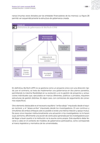Sectores de la nueva economía 20+20                                                         | 255 |
ADMINISTRACIÓN Y COMPETITIVIDAD




nanza (muchas veces dictados por las entidades financiadoras de los mismos). La figura 28
permite ver esquemáticamente la estructura de gobernanza creada.


        FIGURA 28

        Estructura de gobernanza de BioTech-UPM



                                         Vicerrectorado
                                         de Investigación




     Comité asesor                                                 Coordinador      Consejo
     BioTech-UPM                                                     BioTech      de gobierno




                                         Elaboración de
                                      Convenios con terceras                     Consejo social
                                           entidades




                                                        Proyectos                Comisiones de
    Centro                                               Proyectos
                 Director                                      de                 seguimiento
    de                                                    Proyectos
                 Consejo                                        de
                                                            Proyectos             de convenios
    I+D+i                                  Investigador    I+D+i de
                de Centro                                    I+D+i de
    (CTB)                                    principal        I+D+i
                                                                I+D+i




En definitiva, BioTech-UPM no se gestiona como un proyecto único con una dirección rígi-
da; por el contrario, se trata de implementar una gobernanza en dos planos paralelos,
permitiendo la máxima flexibilidad en su evolución y en la gestión de proyectos y actua-
ciones individuales que, ejecutados en marcos diferentes, públicos o privados, requieren
estructuras de gestión distintas. En algún caso, con comisiones de seguimiento de conve-
nios específicos.

Otro elemento destacable es el necesario equilibrio “arriba-abajo” impulsado desde el equi-
po rectoral, y el “abajo-arriba” impulsado desde los investigadores. El uso continuo y
simultáneo de ambos enfoques sólo es posible si existe una intensa relación y apoyo mutuo.
De poco sirve impulsar institucionalmente una actuación si los investigadores no la hacen
suya; asimismo, difícilmente una acción de cierto peso generada por los investigadores pue-
de llegar a buen puerto si la institución no la asume como propia. Este equilibrio debe lle-
varse a cabo en el contexto de modelos de gobernanza participativa, como corresponde
al marco legislativo y normativo de las universidades.
 