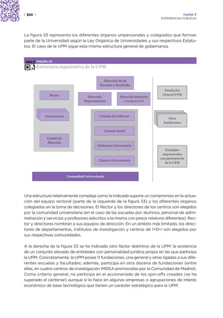 | 264 |                                                                                                  Capítulo 2
                                                                                         EXPERIENCIAS PÚBLICAS




La figura 33 representa los diferentes órganos unipersonales y colegiados que forman
parte de la Universidad según la Ley Orgánica de Universidades y sus respectivos Estatu-
tos. El caso de la UPM sigue esta misma estructura general de gobernanza.


          FIGURA 33

          Estructura organizativa de la UPM

                                                    Dirección de las
                                                  Escuelas y Facultades
                                                                                           Fundación
                 Rector                                                                   General UPM
                                          Dirección               Dirección Institutos
                                        Departamentos                y Centros I+D


            Vicerrectores
             Vicerrectores
              Vicerrectores                       Consejo de Gobierno                       Otras
                                                                                             Otras
                                                                                              Otras
                                                                                         fundaciones
                                                                                          fundaciones
                                                                                           fundaciones

                                                        Consejo Social

                Comité de
                dirección
                                                Defensora Universitaria
                                                                                            Entidades
                                                                                          empresariales
                                                                                         con participación
                                                 Claustro Universitario
                                                                                            de la UPM



                              Comunidad Universitaria




Una estructura relativamente compleja como la indicada supone un compromiso en la actua-
ción del equipo rectoral (parte de la izquierda de la figura 33) y los diferentes órganos
colegiados en la toma de decisiones. El Rector y los directores de los centros son elegidos
por la comunidad universitaria (en el caso de las escuelas por alumnos, personal de admi-
nistración y servicios y profesores adscritos a la misma con pesos relativos diferentes). Rec-
tor y directores nombran a sus equipos de dirección. En un ámbito más limitado, los direc-
tores de departamentos, institutos de investigación y centros de I+D+i son elegidos por
sus respectivas comunidades.

A la derecha de la figura 33 se ha indicado otro factor distintivo de la UPM: la existencia
de un conjunto elevado de entidades con personalidad jurídica propia en las que participa
la UPM. Concretamente, la UPM posee 11 fundaciones, una general y otras ligadas a sus dife-
rentes escuelas y facultades; además, participa en otra docena de fundaciones (entre
ellas, en cuatro centros de investigación IMDEA promovidos por la Comunidad de Madrid).
Como criterio general, no participa en el accionariado de los spin-offs creados (se ha
superado el centenar) aunque sí lo hace en algunas empresas o agrupaciones de interés
económico de base tecnológica que tienen un carácter estratégico para la UPM.
 