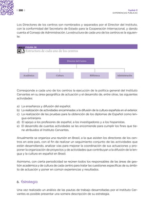 | 280 |                                                                                   Capítulo 2
                                                                             EXPERIENCIAS PÚBLICAS




Los Directores de los centros son nombrados y separados por el Director del Instituto,
con la conformidad del Secretario de Estado para la Cooperación Internacional, y dando
cuenta al Consejo de Administración. La estructura de cada uno de los centros es la siguien-
te:


          FIGURA 36

          Estructura de cada uno de los centros

                                         Director del Centro




     Académica                 Cultura                         Biblioteca       Administración




Corresponde a cada uno de los centros la ejecución de la política general del Instituto
Cervantes en su área geográfica de actuación y el desarrollo de, entre otras, las siguientes
actividades:

a) La enseñanza y difusión del español.
b) La realización de actividades encaminadas a la difusión de la cultura española en el exterior.
c) La realización de las pruebas para la obtención de los diplomas de Español como len-
   gua extranjera.
d) El apoyo a los profesores de español, a los investigadores y a los hispanistas.
e) El desarrollo de cuantas actividades se les encomiende para cumplir los fines que tie-
   ne atribuidos el Instituto Cervantes.

Anualmente se organiza una reunión en Brasil, a la que asisten los directores de los cen-
tros en este país, con el fin de realizar un seguimiento conjunto de las actividades que
están desarrollando, analizar vías para mejorar la coordinación de sus actuaciones y pro-
poner la organización de proyectos y de actividades que contribuyan a la difusión de la len-
gua y la cultura en español en Brasil.

Asimismo, con cierta periodicidad se reúnen todos los responsables de las áreas de ges-
tión académica y de cultura de cada centro para tratar las cuestiones específicas de su ámbi-
to de actuación y poner en común experiencias y resultados.



6. Estrategia

Una vez realizado un análisis de las pautas de trabajo desarrolladas por el Instituto Cer-
vantes es posible presentar una somera descripción de su estrategia.
 