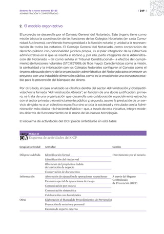 Sectores de la nueva economía 20+20                                                                  | 349 |
ADMINISTRACIÓN Y COMPETITIVIDAD




2. El modelo organizativo

El proyecto se desarrolla por el Consejo General del Notariado. Este órgano tiene como
misión básica la coordinación de las funciones de los Colegios Notariales (en cada Comu-
nidad Autónoma), confiriendo homogeneidad a la función notarial y unidad a la represen-
tación de todos los notarios. El Consejo General del Notariado, como corporación de
derecho público con personalidad jurídica propia, es el pilar integrador de la estructura
administrativa en la que se inserta el notario y, por ello, parte integrante de la Administra-
ción del Notariado —tal como señala el Tribunal Constitucional— a efectos del cumpli-
miento de funciones notariales (STC 87/1989, de 11 de mayo). Características como la misión,
la centralidad y la imbricación con los Colegios Notariales configuran al Consejo como el
órgano adecuado dentro de la organización administrativa del Notariado para promover un
proyecto con una indudable dimensión pública, como es la creación de una estructura esta-
ble para la prevención del blanqueo de dinero.

Por otro lado, el caso analizado se clasifica dentro del sector Administración y Competiti-
vidad en la llamada “Administración Abierta”, en función de una doble justificación: prime-
ro, se trata de una organización que desarrolla una colaboración especialmente estrecha
con el sector privado o no estrictamente público y, segundo, asume la prestación de un ser-
vicio dirigido no a un colectivo específico sino a toda la sociedad y vinculado con la Admi-
nistración más clásica —la Hacienda Pública— que, a través de esta iniciativa, integra mode-
los abiertos de funcionamiento de la mano de las nuevas tecnologías.

El esquema de actividades del OCP puede sintetizarse en esta tabla:



        TABLA 24

        Esquema de actividades del OCP

Grupo de actividad     Actividad                                               Gestión


Diligencia debida      Identificación formal                                   Directamente por el notario
                       Identificación del titular real
                       Obtención del propósito e índole
                       de la relación de negocio
                       Conservación de documentos
Información            Abstención de ejecución de operaciones sospechosas      A través del Órgano
                                                                               Centralizado
                       Examen especial de operaciones de riesgo
                                                                               de Prevención (OCP)
                       Comunicación por indicio
                       Comunicación sistemática
                       Colaboración con Autoridades
Otras                  Elaboración el Manual de Procedimientos de Prevención
                       Formación de notarios y personal
                       Examen de experto externo
 