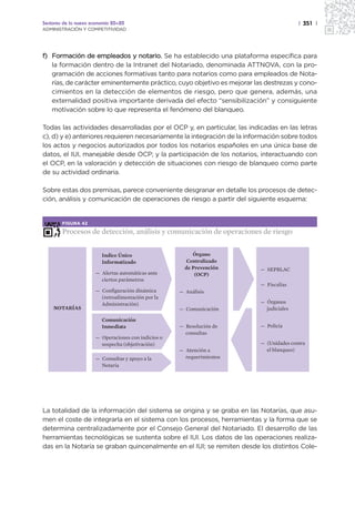 Sectores de la nueva economía 20+20                                                     | 351 |
ADMINISTRACIÓN Y COMPETITIVIDAD




f) Formación de empleados y notario. Se ha establecido una plataforma específica para
   la formación dentro de la Intranet del Notariado, denominada ATTNOVA, con la pro-
   gramación de acciones formativas tanto para notarios como para empleados de Nota-
   rías, de carácter eminentemente práctico, cuyo objetivo es mejorar las destrezas y cono-
   cimientos en la detección de elementos de riesgo, pero que genera, además, una
   externalidad positiva importante derivada del efecto “sensibilización” y consiguiente
   motivación sobre lo que representa el fenómeno del blanqueo.

Todas las actividades desarrolladas por el OCP y, en particular, las indicadas en las letras
c), d) y e) anteriores requieren necesariamente la integración de la información sobre todos
los actos y negocios autorizados por todos los notarios españoles en una única base de
datos, el IUI, manejable desde OCP; y la participación de los notarios, interactuando con
el OCP, en la valoración y detección de situaciones con riesgo de blanqueo como parte
de su actividad ordinaria.

Sobre estas dos premisas, parece conveniente desgranar en detalle los procesos de detec-
ción, análisis y comunicación de operaciones de riesgo a partir del siguiente esquema:


        FIGURA 42

        Procesos de detección, análisis y comunicación de operaciones de riesgo


                         Indice Único                     Órgano
                         Informatizado                 Centralizado
                                                       de Prevención     — SEPBLAC
                      — Alertas automáticas ante           (OCP)
                        ciertos parámetros
                                                                         — Fiscalías
                      — Configuración dinámica       — Análisis
                        (retroalimentación por la
                        Administración)                                  — Órganos
    NOTARÍAS                                         — Comunicación        judiciales

                         Comunicación
                         Inmediata                   — Resolución de     — Policía
                                                       consultas
                      — Operaciones con indicios o
                        sospecha (objetivación)                          — (Unidades contra
                                                     — Atención a          el blanqueo)
                      — Consultas y apoyo a la         requerimientos
                        Notaría




La totalidad de la información del sistema se origina y se graba en las Notarías, que asu-
men el coste de integrarla en el sistema con los procesos, herramientas y la forma que se
determina centralizadamente por el Consejo General del Notariado. El desarrollo de las
herramientas tecnológicas se sustenta sobre el IUI. Los datos de las operaciones realiza-
das en la Notaría se graban quincenalmente en el IUI; se remiten desde los distintos Cole-
 