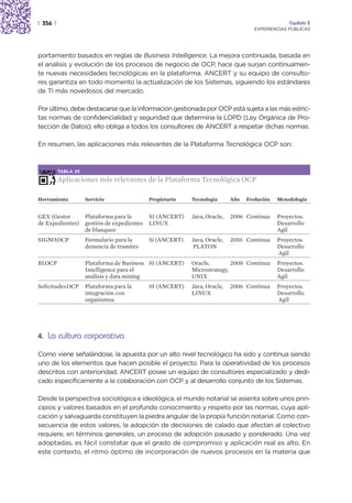 | 356 |                                                                                         Capítulo 2
                                                                                   EXPERIENCIAS PÚBLICAS




portamiento basados en reglas de Business Intelligence. La mejora continuada, basada en
el análisis y evolución de los procesos de negocio de OCP, hace que surjan continuamen-
te nuevas necesidades tecnológicas en la plataforma. ANCERT y su equipo de consulto-
res garantiza en todo momento la actualización de los Sistemas, siguiendo los estándares
de TI más novedosos del mercado.

Por último, debe destacarse que la información gestionada por OCP está sujeta a las más estric-
tas normas de confidencialidad y seguridad que determina la LOPD (Ley Orgánica de Pro-
tección de Datos); ello obliga a todos los consultores de ANCERT a respetar dichas normas.

En resumen, las aplicaciones más relevantes de la Plataforma Tecnológica OCP son:



          TABLA 25

          Aplicaciones más relevantes de la Plataforma Tecnológica OCP

Herramienta          Servicio               Propietario   Tecnología      Año   Evolución   Metodología


GEX (Gestor     Plataforma para la          SI (ANCERT)   Java, Oracle,   2006 Continua     Proyectos.
de Expedientes) gestión de expedientes      LINUX                                           Desarrollo
                de blanqueo                                                                 Agil
SIGNO.OCP            Formulario para la     Si (ANCERT)   Java, Oracle,   2010 Continua     Proyectos.
                     denuncia de tramites                 PLATON                            Desarrollo
                                                                                            Agil
BI.OCP               Plataforma de Business SI (ANCERT)   Oracle,        2008 Continua      Proyectos.
                     Intelligence para el                 Microstrategy,                    Desarrollo
                     análisis y data mining               UNIX                              Agil
Solicitudes.OCP      Plataforma para la     SI (ANCERT)   Java, Oracle,   2006 Continua     Proyectos.
                     integración con                      LINUX                             Desarrollo
                     organismos                                                             Agil




4. La cultura corporativa

Como viene señalándose, la apuesta por un alto nivel tecnológico ha sido y continua siendo
uno de los elementos que hacen posible el proyecto. Para la operatividad de los procesos
descritos con anterioridad, ANCERT posee un equipo de consultores especializado y dedi-
cado específicamente a la colaboración con OCP y al desarrollo conjunto de los Sistemas.

Desde la perspectiva sociológica e ideológica, el mundo notarial se asienta sobre unos prin-
cipios y valores basados en el profundo conocimiento y respeto por las normas, cuya apli-
cación y salvaguarda constituyen la piedra angular de la propia función notarial. Como con-
secuencia de estos valores, la adopción de decisiones de calado que afectan al colectivo
requiere, en términos generales, un proceso de adopción pausado y ponderado. Una vez
adoptadas, es fácil constatar que el grado de compromiso y aplicación real es alto. En
este contexto, el ritmo óptimo de incorporación de nuevos procesos en la materia que
 