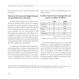 Los agroquímicos: un tóxico para el campo ecuatoriano


preventivas y de control, cuyos lineamientos urge                            esto es en 27, 17, 15 y 8 veces respectivamente, con
concretar2.                                                                  relación a 1972.
Tendencia del consumo de plaguicidas para                                    Cuadro1. Importaciones de plaguicidas, por
uso agroindustrial en el Ecuador                                                   países, en millones de dólares

    La economía de Ecuador aún se basa en la pro-                                                          1972                      2002
ducción de materias primas, tanto para el consumo                              Ecuador                      2,3                      107,8
nacional como para la exportación. La poca rentabi-
                                                                               Colombia                    4,0                       106,6
lidad y baja competitividad de la agricultura nacional
son los justiﬁcativos perfectos para manejar los re-                           Perú                        5,3                        43,0
cursos naturales -que son precisamente la base                                 Bolivia                     2,2                        37,2
de la producción agropecuaria- bajo la ﬁgura de “ex-                           Venezuela                   2,7                       39,7
ternalidad”, o lo que es lo mismo, cuyo valor no se
considera en la tabla de costos de producción, disfru-                                                       Fuente FAO, Anuarios. Resumen de cuadro.
tando de los beneﬁcios de su uso y aprovechamiento                            Elaborado por Gaybor, Nieto y Velasteguí, en TLC y Plaguicidas, SIPAE, 2006.

a la par que propiciando contaminación, enfermeda-
des, sobre explotación, y agotamiento.                                          Entre 1992 y 2004 (Cuadro No. 2) el valor USD
                                                                             FOB (franco a bordo) pagado por los plaguicidas, y
    La información de la FAO sobre las importacio-                           con toda seguridad la cantidad de estos productos,
nes de plaguicidas en el lapso comprendido entre                             siguió creciendo en Ecuador a un ritmo impresio-
1972 y 2002 por parte de los países de la Región An-                         nante -de 45 millones a 116 millones de dólares en
dina, revela (cuadro 1) que el Ecuador incrementó el                         números redondos-. En cuanto a composición por
valor de sus compras de agrotóxicos 47 veces, mien-                          productos se ve que para insecticidas y herbicidas el
tras que Colombia, Bolivia, Venezuela y Perú lo hi-                          valor prácticamente se duplicó, mientras que el valor
cieron en cantidades comparativamente menores,                               por fungicidas superó el triple.



2 Basado en la ponencia “La contaminación de las aguas, como consecuencia de las actividades agropecuarias: diagnóstico y revisión desde el marco regu-
latorio y de control”, preparada por Arturo Campaña K. y Carlos Nieto C., para el VI FORO NACIONAL DEL AGUA. Quito, Junio de 2010.




132
 