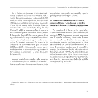 Los agroquímicos: un tóxico para el campo ecuatoriano


   En el Gráﬁco 4, se destaca la presencia de mala-                             de productos cuestionados y restringidos en otros
tion en casi la totalidad del río Granobles, en Ca-                             países por su nocividad para la salud.
yambe. Las concentraciones varían desde 0,889
partes por billón la descarga de una ﬂorícola, hasta                            La institucionalidad relacionada con la
10,885 partes por billón en el puente de Cananvalle                             responsabilidad regulatoria y de control
(Punto 25), sector que recibe descargas de varias                               ambiental de las actividades agropecuarias
ﬁncas ﬂorícolas asentadas alrededor de la población
(Puntos 23 a 27). Se observa también la presencia                                   Por mandato de la Constitución y por la Ley
de diazinon en aguas a la altura del mismo puente                               Nacional de Gestión Ambiental, es el Ministerio de
de Cananvalle (Punto 25). Se trata de un insecticida                            Ambiente, MAE, el organismo rector de la preserva-
organofosforado de categoría tóxica II, fuerte inhi-                            ción de la calidad ambiental y conservación de los re-
bidor de la acetilcolinesterasa, y por tanto, neuro-                            cursos naturales del Ecuador. Sin embargo, en
tóxico. Se observa igualmente la presencia de                                   cuestiones de control y regulación aparece otra ins-
carbofuran en concentraciones que van desde                                     titucionalidad, con carácter de independiente en la
0,074 hasta 1,065.4 Nótese que los puntos corres-                               toma de decisiones regulatorias y de control. Por
ponden también en este caso a descargas de ﬁncas                                ejemplo, los Gobiernos locales, el Ministerio de
ﬂorícolas que se concentran a la altura del puente                              Salud, Agrocalidad, el MAGAP, y el Instituto Nacio-
de Cananvalle.                                                                  nal de Normalización, INEN. En este contexto de
                                                                                marco institucional, se puede aﬁrmar que hace falta
    Aunque los niveles detectados en las muestras                               coordinación y complementariedad en las activida-
se ubican por debajo de los permitidos en la norma-                             des regulatorias y de control.
tiva nacional, se debe tomar en cuenta que se trata




4 El Carbofuran es un insecticida y nematicida del grupo de los carbamatos, de clasificación toxicológica II, altamente tóxico para los organismos y el medio
ambiente.




                                                                                                                                                        139
 