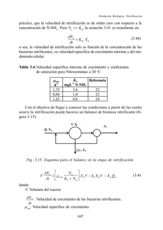 Oxidación Biológica. Nitrificación

práctico, que la velocidad de nitrificación es de orden cero con respecto a la
concentración de N-NH3. Para Na        Kn, la ecuación 3.41 se transforma en:

                                  dN a                                    (3.44)
                                         Km X n
                                   dt
o sea, la velocidad de nitrificación solo es función de la concentración de las
bacterias nitrificantes, su velocidad específica de crecimiento máxima y del ren-
dimiento celular.

Tabla 3.4.Velocidad específica máxima de crecimiento y coeficientes
          de saturación para Nitrosomonas a 20 oC

                            nm         Kn    Referencia
                                      -1
                            d-1    mgL N-NH3
                           1,32        3,6       22
                           0,84        1,0       23
                           1,62        0,6       24

   Con el objetivo de llegar a conocer las condiciones a partir de las cuales
ocurre la nitrificación puede hacerse un balance de biomasa nitrificante (fi-
gura 3.15).




    Fig. 3.15. Esquema para el balance en la etapa de nitrificación.


                       n                Na
                 V            nm                   XnV   bn X n V   X n Qw               (3.4)
                                   Kn        Na
donde:
   V: Volumen del reactor.

          n   : Velocidad de crecimiento de las bacterias nitrificantes.

     nm
          : Velocidad específica de crecimiento.

                                                  107
 