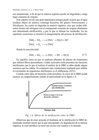 Menéndez Gutiérrez, C. y J. Pérez Olmo

sea suministrada, a fin de que la materia orgánica pueda ser degradada y tenga
lugar consumo de oxígeno.
    Este aspecto reviste una gran importancia porque puede ocurrir que el agua
residual objeto de análisis contenga bacterias del género Nitrosomonas y
Nitrobacter, las cuales no degradan la materia orgánica, sino que oxidan dife-
rentes formas del nitrógeno con el consiguiente consumo de oxígeno (fenómeno
este denominado nitrificación), y por lo que se falsean los resultados. En las
siguientes ecuaciones se muestra la estequiometría del proceso de nitrificación.

                   2NH3      3O2         2NO2    2H2 O 2H
                   2NO2        O2        2NO3

    Siendo la reacción total:

                   2NH 3      4O 2       2NO 3   2H   2H 2 O               (1.7)

     En aquellos casos en que se analizan efluentes de plantas de tratamiento
que utilizan filtros percoladores o lodos activados están presentes las bacterias
nitrificantes, por lo que al realizar el análisis de la DBO se debe añadir alguna
sustancia que las inhiba. El compuesto más comúnmente empleado para inhibir
el crecimiento de organismos nitrificantes es el alilthiourea (ATU).
     Cuando estos tipos de bacterias están presentes, la curva de la DBO puede
mostrar un comportamiento similar al representado en la figura 1.4.




               Fig. 1.4. Efecto de la nitrificación sobre la DBO.
    Obsérvese que de estar presente el fenómeno de la nitrificación la DBO de-
terminada resultará mayor que la que corresponde a la degradación de la materia
orgánica, lo cual introduce un error por exceso con respecto a lo deseado.

                                          6
 