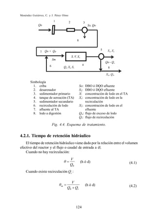 Menéndez Gutiérrez, C. y J. Pérez Olmo




        Simbología
          1. criba                                 So: DBO ó DQO afluente
          2. desarenador                           S2: DBO ó DQO efluente
          3. sedimentador primario                 X:  concentración de lodo en el TA
          4. tanque de aereación (TA)              Xr: concentración de lodo en la
          5. sedimentador secundario                   recirculación
          6. recirculación de lodo                 X2: concentración de lodo en el
          7. afluente al TA                            efluente
          8. lodo a digestión                      Qw: flujo de exceso de lodo
                                                   Qr: flujo de recirculación

                         Fig. 4.4. Esquema de tratamiento.


4.2.1. Tiempo de retención hidráulico
    El tiempo de retención hidráulico viene dado por la relación entre el volumen
efectivo del reactor y el flujo o caudal de entrada a él.
    Cuando no hay recirculación:
                                         V
                                                   (h ó d)                              (4.1)
                                         Q0
    Cuando existe recirculación Qr :

                                          V
                                m                        (h ó d)                        (4.2)
                                     Q0       Qr




                                              124
 