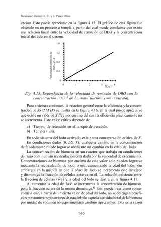 Menéndez Gutiérrez, C. y J. Pérez Olmo

cación. Esto puede apreciarse en la figura 4.15. El gráfico de esta figura fue
obtenido en un proceso a templa a partir del cual puede concluirse que existe
una relación lineal entre la velocidad de remoción de DBO y la concentración
inicial del lodo en el sistema.




   Fig. 4.15. Dependencia de la velocidad de remoción de DBO con la
        concentración inicial de biomasa (lactosa como sustrato).
    Para sistemas continuos, la relación general entre la eficiencia y la concen-
tración de SSVLM (X) se ilustra en la figura 4.16, en la cual puede apreciarse
que existe un valor de X (Xc) por encima del cual la eficiencia prácticamente no
se incrementa. Este valor crítico depende de:
    a) Tiempo de retención en el tanque de aeración.
    b) Temperatura.
    En todo sistema del lodo activado existe una concentración crítica de X.
    En condiciones dadas ( , S, T), cualquier cambio en la concentración
de X solamente puede lograrse mediante un cambio en la edad del lodo.
    La concentración de biomasa en un reactor que trabaja en condiciones
de flujo continuo sin recirculación está dado por la velocidad de crecimiento.
Concentraciones de biomasa por encima de este valor solo pueden lograrse
mediante la recirculación de lodo, o sea, aumentando la edad del lodo. Sin
embargo, en la medida en que la edad del lodo se incrementa este envejece
y disminuye la fracción de células activas en él. La relación existente entre
la fracción de células vivas y la edad del lodo se ilustra en la figura 4.17.
    Al aumentar la edad del lodo se incrementa la concentración de biomasa,
pero la fracción activa de la misma disminuye.12 Esto puede traer como conse-
cuencia que, a partir de un cierto valor de edad del lodo, no se obtengan benefi-
cios por aumentos posteriores de esta debido a que la actividad total de la biomasa
por unidad de volumen no experimentará cambios apreciables. Esta es la razón

                                         140
 
