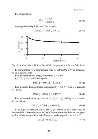 Lodo Activado

   Por otra parte, si:
                                               0,86 f o
                                    K                                                           (4.40)
                                             1 0,066           x

   sustituyendo 4.40 y 4.38 en 4.37 se obtiene:
                           DBO5         T        DBO5      d       K X2                         (4.41)




Fig. 4.18. Fracción volátil de los sólidos suspendidos y la edad del lodo.
    El coeficiente K varía generalmente entre los valores 0,2 y 0,7 en dependen-
cia de la edad de lodo.
    Para sistemas de baja carga, suponiendo x = 30 d
    f0 = 0,60 y la ecuación 4.41 queda:
                          DBO5      T        DBO5      d       0,173 X 2                        (4.42)
    Para sistemas de carga media, suponiendo                         x
                                                                         = 5 d. f0 = 0,72 y la ecuación
4.41 queda:
                          DBO5      T       DBO5       d       0,465 X 2                        (4.43)
    Para sistemas de alta carga, suponiendo                     x
                                                                    = 1 d, f0 = 0,85 y de la ecuación
4.41 se obtiene:
                         DBO5   T           DBO5   d       0,686 X 2                            (4.44)
    Si en lugar de trabajar con la DBO5 el sistema se está analizando en
función de la DBO última o de la DQO, la concentración de estas que apor-
tan los sólidos suspendidos del efluente secundario puede calcularse:14
                                DBOu         s    1,42 f o X 2                                 (4.45)



                                                  145
 