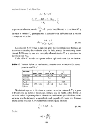 Menéndez Gutiérrez, C. y J. Pérez Olmo


                                      S0        S2            S

                          Qw X b,w        Q0 Qw X b,2                 1
                                         V Xb                         x


                              dX b
y que en estado estacionario         0 , puede simplificarse la ecuación 4.47 y
                               dt
despejar el término Xb que representa la concentración de biomasa en el reactor
o tanque de aeración.
                                                Y    x        S
                                    Xb                                                (4.48)
                                                    1 kb          x

    La ecuación 4.48 brinda la relación entre la concentración de biomasa en
estado estacionario y las variables edad del lodo, tiempo de retención y remo-
ción de DBO una vez que son conocidos el rendimiento (Y) y la constante de
autooxidación (kb).
    En la tabla 4.2 se ofrecen algunos valores típicos de estos dos parámetros.

Tabla 4.2. Valores típicos de rendimiento y constante de autooxidación en un
           proceso aeróbico16
              Residual           Y                       Y                    kb
                                                                               -1
                            (base DBO)              (base DQO)               (d )
              Municipal       0,4 0,8                 0,3 0,4             0,04 0,08
              Industria                                 0,33                 0,04
              Azucarera
              Papel                                    0,36                  0,07
              Residual       0,35    0,06            0,2 0,4              0,04 0,06
              Lácteo

    No obstante que en la literatura se pueden encontrar valores de Y y kb para
el tratamiento de distintos residuales, siempre que se pueda, estos deben ser
hallados a nivel de planta piloto o laboratorio mediante un procedimiento relati-
vamente sencillo tal como se describirá en el epígrafe 4.8. basta con destacar
ahora que la ecuación 4.47 puede transformarse para obtener:
                                     1
                                            Y        Bx       kb                      (4.49)
                                     x

donde:
                                                          S
                                            x
                                                     Xb
                                                148
 
