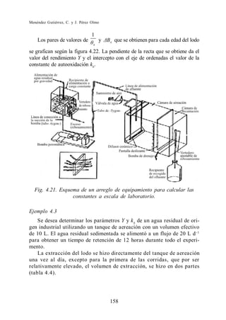 Menéndez Gutiérrez, C. y J. Pérez Olmo


                                  1
    Los pares de valores de           y   x   que se obtienen para cada edad del lodo
                                  x

se grafican según la figura 4.22. La pendiente de la recta que se obtiene da el
valor del rendimiento Y y el intercepto con el eje de ordenadas el valor de la
constante de autooxidación kb.




  Fig. 4.21. Esquema de un arreglo de equipamiento para calcular las
                  constantes a escala de laboratorio.

Ejemplo 4.3
    Se desea determinar los parámetros Y y k b de un agua residual de ori-
gen industrial utilizando un tanque de aereación con un volumen efectivo
de 10 L. El agua residual sedimentada se alimentó a un flujo de 20 L d
para obtener un tiempo de retención de 12 horas durante todo el experi-
mento.
    La extracción del lodo se hizo directamente del tanque de aereación
una vez al día, excepto para la primera de las corridas, que por ser
relativamente elevado, el volumen de extracción, se hizo en dos partes
(tabla 4.4).




                                          158
 