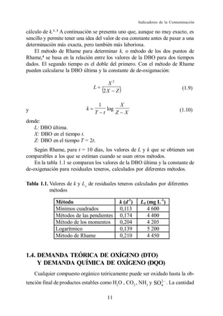 Indicadores de la Contaminación

cálculo de k.1, 3 A continuación se presenta uno que, aunque no muy exacto, es
sencillo y permite tener una idea del valor de esa constante antes de pasar a una
determinación más exacta, pero también más laboriosa.
    El método de Rhame para determinar k, o método de los dos puntos de
Rhame,4 se basa en la relación entre los valores de la DBO para dos tiempos
dados. El segundo tiempo es el doble del primero. Con el método de Rhame
pueden calcularse la DBO última y la constante de de-oxigenación:

                                           X2
                                 L                                                     (1.9)
                                         2X Z

                                     1                 X
y                            k               log                                      (1.10)
                                 T       t         Z       X
donde:
   L: DBO última.
   X: DBO en el tiempo t.
   Z: DBO en el tiempo T = 2t.
    Según Rhame, para t = 10 días, los valores de L y k que se obtienen son
comparables a los que se estiman cuando se usan otros métodos.
    En la tabla 1.1 se comparan los valores de la DBO última y la constante de
de-oxigenación para residuales teneros, calculados por diferentes métodos.

Tabla 1.1. Valores de k y Lo de residuales teneros calculados por diferentes
           métodos




1.4. DEMANDA TEÓRICA DE OXÍGENO (DTO)
     Y DEMANDA QUÍMICA DE OXÍGENO (DQO)
    Cualquier compuesto orgánico teóricamente puede ser oxidado hasta la ob-
tención final de productos estables como H2O , CO2 , NH3 y SO 2 . La cantidad
                                                              4


                                             11
 