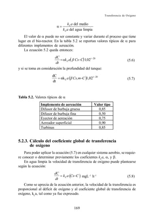 Transferencia de Oxígeno


                                    k L a del medio
                                k L a del agua limpia
    El valor de puede no ser constante y variar durante el proceso que tiene
lugar en el bio-reactor. En la tabla 5.2 se reportan valores típicos de para
diferentes implementos de aereación.
    La ecuación 5.2 queda entonces:
                         dC
                                 kLa    Cs C 1,02t      20
                                                                                   (5.6)
                         dt
y si se toma en consideración la profundidad del tanque:
                       dC
                                kLa    Cs,m C 1,02 t         20
                                                                                   (5.7)
                       dt



Tabla 5.2. Valores típicos de
               Implemento de aereación                  Valor tipo
               Difusor de burbuja gruesa                  0,85
               Difusor de burbuja fina                    0,50
               Eyector de aereación                       0,75
               Aereador superficial                       0,90
               Turbinas                                   0,85


5.2.3. Cálculo del coeficiente global de transferencia
       de oxígeno
    Para poder aplicar la ecuación (5.7) en cualquier sistema aerobio, se requie-
re conocer o determinar previamente los coeficientes kLa, , y .
    En agua limpia la velocidad de transferencia de oxígeno puede plantearse
según la ecuación:
                        dC
                                k L a Cs C mgL h                                   (5.8)
                        dt
    Como se aprecia de la ecuación anterior, la velocidad de la transferencia es
proporcional al déficit de oxígeno y al coeficiente global de transferencia de
oxígeno, kLa, tal como ya fue expresado.


                                       169
 