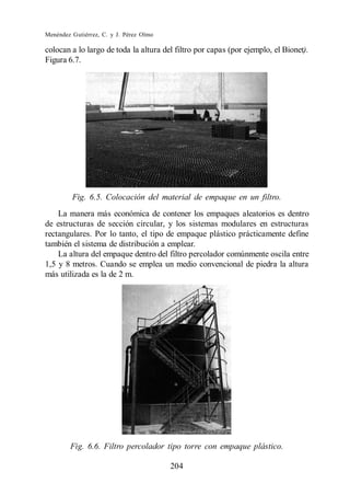 Menéndez Gutiérrez, C. y J. Pérez Olmo

colocan a lo largo de toda la altura del filtro por capas (por ejemplo, el Bionet).
Figura 6.7.




         Fig. 6.5. Colocación del material de empaque en un filtro.
    La manera más económica de contener los empaques aleatorios es dentro
de estructuras de sección circular, y los sistemas modulares en estructuras
rectangulares. Por lo tanto, el tipo de empaque plástico prácticamente define
también el sistema de distribución a emplear.
    La altura del empaque dentro del filtro percolador comúnmente oscila entre
1,5 y 8 metros. Cuando se emplea un medio convencional de piedra la altura
más utilizada es la de 2 m.




        Fig. 6.6. Filtro percolador tipo torre con empaque plástico.

                                         204
 