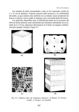 Filtros Percoladores

     Los tamaños de árido recomendados, como ya fue expresado, oscilan de
3 a 15 cm de diámetro. Especial atención debe prestarse a la uniformidad
del medio, ya que mientras más uniforme sea su tamaño, mayor proporción de
huecos o espacios vacíos tendrá el empaque, para un tamaño dado del mismo.
     Los materiales disponibles para su distribución dentro de la estructura del
filtro de forma aleatoria están constituidos por elementos individuales de un ta-
maño de 4 a 10 cm, dispuestos directamente en el lecho sin ninguna combina-
ción (por ejemplo, Norpac). Figura 6.7.




  Fig. 6.7. Algunos tipos de empaques plásticos: a) Bionet. b) Norton.
                      Actifil. c) Norpac. d) Plasdek.

                                      205
 