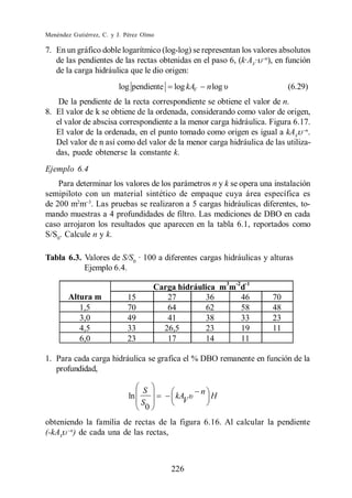 Menéndez Gutiérrez, C. y J. Pérez Olmo

7. En un gráfico doble logarítmico (log-log) se representan los valores absolutos
   de las pendientes de las rectas obtenidas en el paso 6, (k·AV· n), en función
   de la carga hidráulica que le dio origen:
                         log pendiente       log kAV       n log          (6.29)
    De la pendiente de la recta correspondiente se obtiene el valor de n.
8. El valor de k se obtiene de la ordenada, considerando como valor de origen,
   el valor de abscisa correspondiente a la menor carga hidráulica. Figura 6.17.
   El valor de la ordenada, en el punto tomado como origen es igual a kAV n.
   Del valor de n así como del valor de la menor carga hidráulica de las utiliza-
   das, puede obtenerse la constante k.
Ejemplo 6.4
    Para determinar los valores de los parámetros n y k se opera una instalación
semipiloto con un material sintético de empaque cuya área específica es
de 200 m2m . Las pruebas se realizaron a 5 cargas hidráulicas diferentes, to-
mando muestras a 4 profundidades de filtro. Las mediciones de DBO en cada
caso arrojaron los resultados que aparecen en la tabla 6.1, reportados como
S/S0. Calcule n y k.

Tabla 6.3. Valores de S/S0 · 100 a diferentes cargas hidráulicas y alturas
           Ejemplo 6.4.

                                        Carga hidráulica m3m-2d-1
        Altura m            15             27        36       46     70
           1,5              70             64        62       58     48
           3,0              49             41        38       33     23
           4,5              33            26,5       23       19     11
           6,0              23             17        14       11

1. Para cada carga hidráulica se grafica el % DBO remanente en función de la
   profundidad,

                                  S                    n
                             ln              kA             H
                                  S            V
                                    0
obteniendo la familia de rectas de la figura 6.16. Al calcular la pendiente
(-kAV n) de cada una de las rectas,



                                            226
 