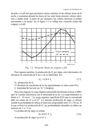 Lagunas de Estabilización

disuelto y el pH del agua presentan valores mínimos en las últimas horas de la
noche, y aumentan durante las horas de luz solar hasta alcanzar valores máxi-
mos a media tarde. A partir de ese momento, los valores decrecen al arribar
nuevamente a la noche.2 En la figura 7.2 se refleja esta variación cíclica del
oxígeno y el pH.




                Fig. 7.2. Variación diaria de oxígeno y pH.
    Para lagunas aerobias, la producción de O2 por algas, está relacionada a la
eficiencia de conversión de la luz y de su intensidad. Así,
                               O2 = 0.28 F IL                                (7.7)
   O : producción de O .
      2                   2
   F: eficiencia de conversión de la luz (generalmente se toma como 4%).
    L
     : intensidad de luz (cal cm d ) (langley).
    Para estas lagunas la carga orgánica permisible del afluente en base a DBO,
(gm d ) puede relacionarse con la intensidad de la luz. La carga hidráulica se
                       . La carga orgánica superficial (CO) que se recomienda
debe ser menor de 25 g m d . La máxima producción de algas se obtiene
cuando la profundidad no rebasa el intervalo comprendido entre 15 y 30 cm. Si
lo que se busca es producción de O2, las profundidades deseables no deben ser
mayores de 1 a 1.3 m.
    La producción de algas se estima:
                               Ac=0.017 F. IL                              (7.8)
    Ac-producción de algas (g m d )


                                     239
 