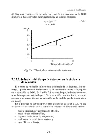 Lagunas de Estabilización

40 días, una constante con ese valor corresponde a reducciones de la DBO
inferiores a las observadas experimentalmente en lagunas primarias.
                                 kt    k35 t 35                         (7.22)
                                        1,085




             Fig. 7.4. Cálculo de la constante de remoción k.


7.6.3.2. Influencia del tiempo de retención en la eficiencia
         de remoción
    El tiempo de retención influye en la eficiencia de las lagunas. Sin em-
bargo, a partir de un determinado valor, un incremento de éste influye poco
en la remoción de DBO. En la tabla 7.1 se aprecia que, independientemen-
te de la temperatura de trabajo, el % de remoción tiene un límite, y este se
alcanza a un menor tiempo de retención en la medida que la temperatura
es mayor.
    En la práctica no deben esperarse las eficiencias de la tabla 7.1, ya que
las condiciones para las que se estimaron presuponen condiciones ideales:
      mezcla instantánea y completa del afluente,
      pocos sólidos sedimentables,
      pequeñas variaciones de temperatura,
      predominio de condiciones aerobias y
      baja DBO en el fondo.



                                      245
 