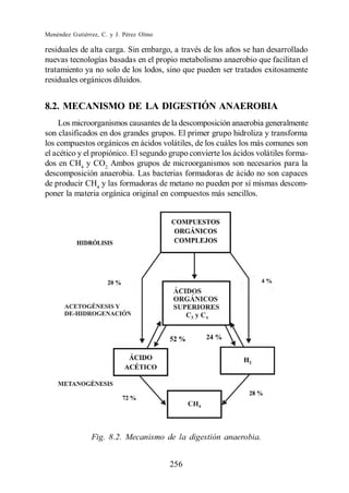 Menéndez Gutiérrez, C. y J. Pérez Olmo

residuales de alta carga. Sin embargo, a través de los años se han desarrollado
nuevas tecnologías basadas en el propio metabolismo anaerobio que facilitan el
tratamiento ya no solo de los lodos, sino que pueden ser tratados exitosamente
residuales orgánicos diluidos.


8.2. MECANISMO DE LA DIGESTIÓN ANAEROBIA
    Los microorganismos causantes de la descomposición anaerobia generalmente
son clasificados en dos grandes grupos. El primer grupo hidroliza y transforma
los compuestos orgánicos en ácidos volátiles, de los cuáles los más comunes son
el acético y el propiónico. El segundo grupo convierte los ácidos volátiles forma-
dos en CH4 y CO2. Ambos grupos de microorganismos son necesarios para la
descomposición anaerobia. Las bacterias formadoras de ácido no son capaces
de producir CH4 y las formadoras de metano no pueden por sí mismas descom-
poner la materia orgánica original en compuestos más sencillos.




                Fig. 8.2. Mecanismo de la digestión anaerobia.


                                         256
 