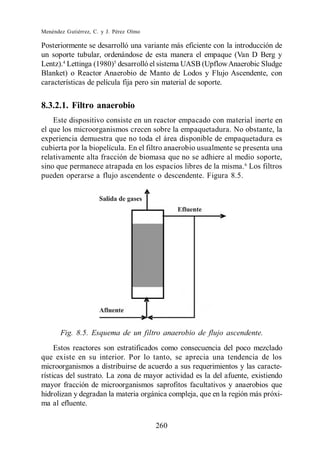 Menéndez Gutiérrez, C. y J. Pérez Olmo

Posteriormente se desarrolló una variante más eficiente con la introducción de
un soporte tubular, ordenándose de esta manera el empaque (Van D Berg y
Lentz).4 Lettinga (1980)5 desarrolló el sistema UASB (Upflow Anaerobic Sludge
Blanket) o Reactor Anaerobio de Manto de Lodos y Flujo Ascendente, con
características de película fija pero sin material de soporte.


8.3.2.1. Filtro anaerobio
    Este dispositivo consiste en un reactor empacado con material inerte en
el que los microorganismos crecen sobre la empaquetadura. No obstante, la
experiencia demuestra que no toda el área disponible de empaquetadura es
cubierta por la biopelícula. En el filtro anaerobio usualmente se presenta una
relativamente alta fracción de biomasa que no se adhiere al medio soporte,
sino que permanece atrapada en los espacios libres de la misma. 6 Los filtros
pueden operarse a flujo ascendente o descendente. Figura 8.5.




       Fig. 8.5. Esquema de un filtro anaerobio de flujo ascendente.
     Estos reactores son estratificados como consecuencia del poco mezclado
que existe en su interior. Por lo tanto, se aprecia una tendencia de los
microorganismos a distribuirse de acuerdo a sus requerimientos y las caracte-
rísticas del sustrato. La zona de mayor actividad es la del afuente, existiendo
mayor fracción de microorganismos saprofitos facultativos y anaerobios que
hidrolizan y degradan la materia orgánica compleja, que en la región más próxi-
ma al efluente.

                                         260
 