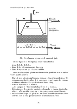 Menéndez Gutiérrez, C. y J. Pérez Olmo




                Fig. 8.6. Esquema de reactor de manto de lodo.
    En este digestor se distinguen 3 zonas bien definidas:
   Zona de lecho de lodos.
   Zona de los microorganismos dispersos.
   Zona de separación gas - líquido - sólido.
    Entre las condiciones que favorecen la buena operación de este tipo de
reactor pueden citarse:
   Elevada concentración de biomasa, limitada solo por las condiciones del
   separador gas-líquido-sólido de la parte superior del reactor. La concen-
   tración de sólidos totales puede alcanzar hasta 150 g.L .
   Elevada actividad de la biomasa.
   Altos tiempos de retención (edad del lodo) de la biomasa.
   Bajos tiempos de retención hidráulicos. Para ello el sistema de distribu-
   ción del afluente debe garantizar el íntimo contacto residual-biomasa.
   Producción de biogás tal, que exista una buena distribución del lodo sobre
   el lecho y en la zona que corresponde a la biomasa dispersa.


                                         262
 