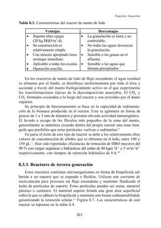 Digestión Anaerobia

Tabla 8.3. Características del reactor de manto de lodo

                 Ventajas                          Desventajas
         Soporta altas cargas               La granulación es lenta y no
         (20 kg DQO/m3.d).                  controlable.
         Su construcción es                 No todas las aguas favorecen
         relativamente simple.              la granulación.
         Con inóculo apropiado tiene        Sensible a las grasas en el
         arranque inmediato.                afluente.
         Aplicable a todas las escalas.     Sensible a las aguas que
         Operación sencilla.                forman precipitados.

    En los reactores de manto de lodo de flujo ascendente el agua residual
se alimenta por el fondo, se distribuye uniformemente por toda el área y
asciende a través del manto biológicamente activo en el que experimenta
las transformaciones típicas de la descomposición anaerobia. El CH 4 y
CO 2 formados ascienden a lo largo del reactor y son extraídos por el domo
superior.
    Su principio de funcionamiento se basa en la capacidad de sedimenta-
ción de la biomasa producida en el reactor. Esta se aglomera en forma de
granos de 1 a 3 mm de diámetro y presenta elevada actividad metanogénica.
El lavado o escape de los flóculos más pequeños de la zona del manto,
generalmente se minimiza creando dentro del propio reactor una zona tran-
quila que posibilita que estas partículas vuelvan a sedimentar. 9
    En parte el éxito de este tipo de reactor se debe a los relativamente altos
valores de concentración de sólidos que se obtienen en el lodo, entre 100 y
150 gL . Han sido reportadas eficiencias de remoción de DBO mayores del
90 % con cargas orgánicas e hidráulicas del orden de 80 kgm d y 5 m3m d
respectivamente, con tiempos de retención hidráulico de 8 h.10


8.3.3. Reactores de tercera generación
    Estos reactores contienen microorganismos en forma de biopelícula ad-
herida a un soporte que se expande o fluidiza. Utilizan una corriente de
recirculación para provocar un flujo ascendente y mantener fluidizado el
lecho de partículas de soporte. Estas partículas pueden ser arena, material
plástico o cerámico. El material soporte brinda una gran área superficial
sobre la que se adhiere la biopelícula y mantiene una buena sedimentabilidad,
garantizando la retención celular. 11 Figura 8.7. Las características de este
reactor se reportan en la tabla 8.4.

                                     263
 