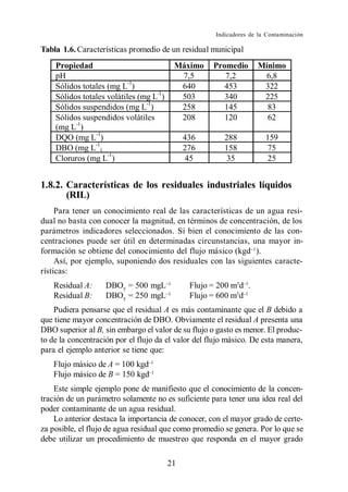 Indicadores de la Contaminación

Tabla 1.6. Características promedio de un residual municipal
    Propiedad                             Máximo     Promedio       Mínimo
    pH                                     7,5          7,2          6,8
    Sólidos totales (mg L-1)               640          453          322
    Sólidos totales volátiles (mg L-1)     503          340          225
    Sólidos suspendidos (mg L-1)           258          145           83
    Sólidos suspendidos volátiles          208          120           62
    (mg L-1)
    DQO (mg L-1)                              436        288           159
    DBO (mg L-1)                              276        158           75
    Cloruros (mg L-1)                         45         35            25


1.8.2. Características de los residuales industriales líquidos
       (RIL)
     Para tener un conocimiento real de las características de un agua resi-
dual no basta con conocer la magnitud, en términos de concentración, de los
parámetros indicadores seleccionados. Si bien el conocimiento de las con-
centraciones puede ser útil en determinadas circunstancias, una mayor in-
formación se obtiene del conocimiento del flujo másico (kgd ).
     Así, por ejemplo, suponiendo dos residuales con las siguientes caracte-
rísticas:
   Residual A:      DBO5 = 500 mgL             Flujo = 200 m3d .
   Residual B:      DBO5 = 250 mgL             Flujo = 600 m3d
    Pudiera pensarse que el residual A es más contaminante que el B debido a
que tiene mayor concentración de DBO. Obviamente el residual A presenta una
DBO superior al B, sin embargo el valor de su flujo o gasto es menor. El produc-
to de la concentración por el flujo da el valor del flujo másico. De esta manera,
para el ejemplo anterior se tiene que:
   Flujo másico de A = 100 kgd
   Flujo másico de B = 150 kgd
    Este simple ejemplo pone de manifiesto que el conocimiento de la concen-
tración de un parámetro solamente no es suficiente para tener una idea real del
poder contaminante de un agua residual.
    Lo anterior destaca la importancia de conocer, con el mayor grado de certe-
za posible, el flujo de agua residual que como promedio se genera. Por lo que se
debe utilizar un procedimiento de muestreo que responda en el mayor grado

                                         21
 