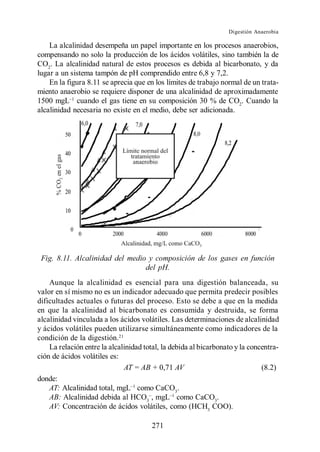 Digestión Anaerobia

    La alcalinidad desempeña un papel importante en los procesos anaerobios,
compensando no solo la producción de los ácidos volátiles, sino también la de
CO2. La alcalinidad natural de estos procesos es debida al bicarbonato, y da
lugar a un sistema tampón de pH comprendido entre 6,8 y 7,2.
    En la figura 8.11 se aprecia que en los límites de trabajo normal de un trata-
miento anaerobio se requiere disponer de una alcalinidad de aproximadamente
1500 mgL cuando el gas tiene en su composición 30 % de CO2. Cuando la
alcalinidad necesaria no existe en el medio, debe ser adicionada.




 Fig. 8.11. Alcalinidad del medio y composición de los gases en función
                                 del pH.
    Aunque la alcalinidad es esencial para una digestión balanceada, su
valor en sí mismo no es un indicador adecuado que permita predecir posibles
dificultades actuales o futuras del proceso. Esto se debe a que en la medida
en que la alcalinidad al bicarbonato es consumida y destruida, se forma
alcalinidad vinculada a los ácidos volátiles. Las determinaciones de alcalinidad
y ácidos volátiles pueden utilizarse simultáneamente como indicadores de la
condición de la digestión.21
    La relación entre la alcalinidad total, la debida al bicarbonato y la concentra-
ción de ácidos volátiles es:
                              AT = AB + 0,71 AV                               (8.2)
donde:
    AT: Alcalinidad total, mgL como CaCO3.
    AB: Alcalinidad debida al HCO3 , mgL como CaCO3.
    AV: Concentración de ácidos volátiles, como (HCH3 COO).

                                       271
 