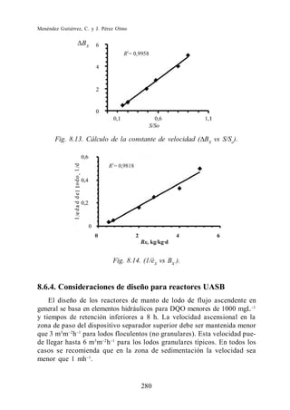 Menéndez Gutiérrez, C. y J. Pérez Olmo

                  BX




       Fig. 8.13. Cálculo de la constante de velocidad ( BX vs S/So).




                                Fig. 8.14. (1/èX vs BX ).


8.6.4. Consideraciones de diseño para reactores UASB
    El diseño de los reactores de manto de lodo de flujo ascendente en
general se basa en elementos hidráulicos para DQO menores de 1000 mgL
y tiempos de retención inferiores a 8 h. La velocidad ascensional en la
zona de paso del dispositivo separador superior debe ser mantenida menor
que 3 m3 m h para lodos floculentos (no granulares). Esta velocidad pue-
de llegar hasta 6 m3 m h para los lodos granulares típicos. En todos los
casos se recomienda que en la zona de sedimentación la velocidad sea
menor que 1 mh .


                                          280
 