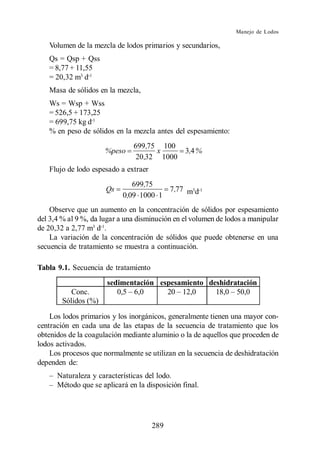 Manejo de Lodos

   Volumen de la mezcla de lodos primarios y secundarios,
   Qs = Qsp + Qss
   = 8,77 + 11,55
   = 20,32 m3 d-1
   Masa de sólidos en la mezcla,
   Ws = Wsp + Wss
   = 526,5 + 173,25
   = 699,75 kg d-1
   % en peso de sólidos en la mezcla antes del espesamiento:
                               699 ,75 100
                      %peso           x         3,4 %
                                20 ,32 1000
   Flujo de lodo espesado a extraer
                              699,75
                      Qs               7 ,77 m3d-1
                           0,09 1000 1
    Observe que un aumento en la concentración de sólidos por espesamiento
del 3,4 % al 9 %, da lugar a una disminución en el volumen de lodos a manipular
de 20,32 a 2,77 m3 d-1.
    La variación de la concentración de sólidos que puede obtenerse en una
secuencia de tratamiento se muestra a continuación.

Tabla 9.1. Secuencia de tratamiento
                      sedimentación espesamiento deshidratación
           Conc.         0,5 6,0      20 12,0      18,0 50,0
        Sólidos (%)

    Los lodos primarios y los inorgánicos, generalmente tienen una mayor con-
centración en cada una de las etapas de la secuencia de tratamiento que los
obtenidos de la coagulación mediante aluminio o la de aquellos que proceden de
lodos activados.
    Los procesos que normalmente se utilizan en la secuencia de deshidratación
dependen de:
      Naturaleza y características del lodo.
      Método que se aplicará en la disposición final.




                                      289
 
