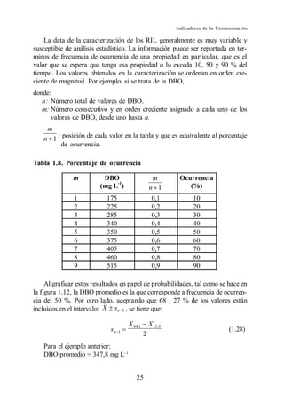 Indicadores de la Contaminación

    La data de la caracterización de los RIL generalmente es muy variable y
susceptible de análisis estadístico. La información puede ser reportada en tér-
minos de frecuencia de ocurrencia de una propiedad en particular, que es el
valor que se espera que tenga esa propiedad o lo exceda 10, 50 y 90 % del
tiempo. Los valores obtenidos en la caracterización se ordenan en orden cre-
ciente de magnitud. Por ejemplo, si se trata de la DBO,
donde:
   n: Número total de valores de DBO.
   m: Número consecutivo y en orden creciente asignado a cada uno de los
      valores de DBO, desde uno hasta n.
    m
   n 1 : posición de cada valor en la tabla y que es equivalente al porcentaje
        de ocurrencia.

Tabla 1.8. Porcentaje de ocurrencia

               m          DBO                         m        Ocurrencia
                              -1
                         (mg L )                    n 1           (%)
               1           175                       0,1             10
               2           225                       0,2             20
               3           285                       0,3             30
               4           340                       0,4             40
               5           350                       0,5             50
               6           375                       0,6             60
               7           405                       0,7             70
               8           460                       0,8             80
               9           515                       0,9             90

     Al graficar estos resultados en papel de probabilidades, tal como se hace en
la figura 1.12, la DBO promedio es la que corresponde a frecuencia de ocurren-
cia del 50 %. Por otro lado, aceptando que 68 , 27 % de los valores están
                            _
incluidos en el intervalo: X sn 1 , se tiene que:

                                      X 84 ,1       X 15 ,9
                             sn   1                                                  (1.28)
                                                2
   Para el ejemplo anterior:
   DBO promedio = 347,8 mg L


                                          25
 