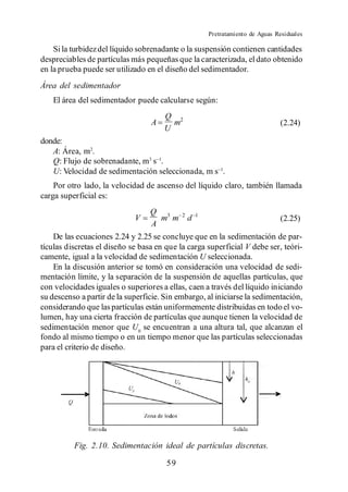 Pretratamiento de Aguas Residuales

    Si la turbidez del líquido sobrenadante o la suspensión contienen cantidades
despreciables de partículas más pequeñas que la caracterizada, el dato obtenido
en la prueba puede ser utilizado en el diseño del sedimentador.
Área del sedimentador
   El área del sedimentador puede calcularse según:
                                      Q 2
                                  A     m                                         (2.24)
                                      U
donde:
   A: Área, m2.
   Q: Flujo de sobrenadante, m3 s .
   U: Velocidad de sedimentación seleccionada, m s .
    Por otro lado, la velocidad de ascenso del líquido claro, también llamada
carga superficial es:
                                  Q 3       2       1
                             V      m m         d                                 (2.25)
                                  A
    De las ecuaciones 2.24 y 2.25 se concluye que en la sedimentación de par-
tículas discretas el diseño se basa en que la carga superficial V debe ser, teóri-
camente, igual a la velocidad de sedimentación U seleccionada.
    En la discusión anterior se tomó en consideración una velocidad de sedi-
mentación límite, y la separación de la suspensión de aquellas partículas, que
con velocidades iguales o superiores a ellas, caen a través del líquido iniciando
su descenso a partir de la superficie. Sin embargo, al iniciarse la sedimentación,
considerando que las partículas están uniformemente distribuidas en todo el vo-
lumen, hay una cierta fracción de partículas que aunque tienen la velocidad de
sedimentación menor que U0 se encuentran a una altura tal, que alcanzan el
fondo al mismo tiempo o en un tiempo menor que las partículas seleccionadas
para el criterio de diseño.




          Fig. 2.10. Sedimentación ideal de partículas discretas.

                                       59
 