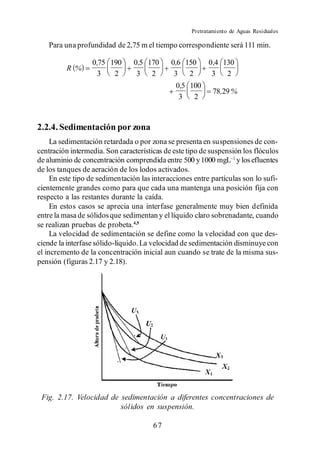 Pretratamiento de Aguas Residuales

   Para una profundidad de 2,75 m el tiempo correspondiente será 111 min.

                  0,75 190      0,5 170      0,6 150      0 ,4 130
         R %
                   3    2        3 2          3   2        3    2
                                               0,5 100
                                                            78,29 %
                                                3   2


2.2.4. Sedimentación por zona
     La sedimentación retardada o por zona se presenta en suspensiones de con-
centración intermedia. Son características de este tipo de suspensión los flóculos
de aluminio de concentración comprendida entre 500 y 1000 mgL y los efluentes
de los tanques de aeración de los lodos activados.
     En este tipo de sedimentación las interacciones entre partículas son lo sufi-
cientemente grandes como para que cada una mantenga una posición fija con
respecto a las restantes durante la caída.
     En estos casos se aprecia una interfase generalmente muy bien definida
entre la masa de sólidos que sedimentan y el líquido claro sobrenadante, cuando
se realizan pruebas de probeta.4,5
     La velocidad de sedimentación se define como la velocidad con que des-
ciende la interfase sólido-líquido. La velocidad de sedimentación disminuye con
el incremento de la concentración inicial aun cuando se trate de la misma sus-
pensión (figuras 2.17 y 2.18).




 Fig. 2.17. Velocidad de sedimentación a diferentes concentraciones de
                         sólidos en suspensión.

                                       67
 