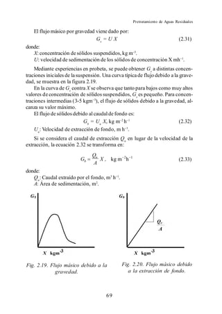Pretratamiento de Aguas Residuales

   El flujo másico por gravedad viene dado por:
                                Gs = U X                             (2.31)
donde:
   X: concentración de sólidos suspendidos, kg m .
   U: velocidad de sedimentación de los sólidos de concentración X mh .
    Mediante experiencias en probeta, se puede obtener Gs a distintas concen-
traciones iniciales de la suspensión. Una curva típica de flujo debido a la grave-
dad, se muestra en la figura 2.19.
    En la curva de Gs contra X se observa que tanto para bajos como muy altos
valores de concentración de sólidos suspendidos, Gs es pequeño. Para concen-
traciones intermedias (3-5 kgm ), el flujo de sólidos debido a la gravedad, al-
canza su valor máximo.
    El flujo de sólidos debido al caudal de fondo es:
                             Gb = Uu X, kg m h                              (2.32)
    Uu: Velocidad de extracción de fondo, m h .
    Si se considera el caudal de extracción Qu en lugar de la velocidad de la
extracción, la ecuación 2.32 se transforma en:
                                Qu
                          Gb       X , kg m 2h     1
                                                                                 (2.33)
                                A
donde:
   Qu: Caudal extraído por el fondo, m3 h .
   A: Área de sedimentación, m2.




Fig. 2.19. Flujo másico debido a la            Fig. 2.20. Flujo másico debido
             gravedad.                            a la extracción de fondo.



                                       69
 