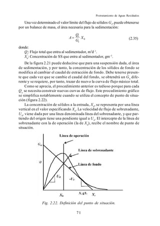 Pretratamiento de Aguas Residuales

    Una vez determinado el valor límite del flujo de sólidos G1, puede obtenerse
por un balance de masa, el área necesaria para la sedimentación:
                                     Qt
                                 A      X                                    (2.35)
                                     G1 0
donde:
   Qt: Flujo total que entra al sedimentador, m3d .
   X0: Concentración de SS que entra al sedimentador, gm .
     De la figura 2.21 puede deducirse que para una suspensión dada, el área
de sedimentación, y por tanto, la concentración de los sólidos de fondo se
modifica al cambiar el caudal de extracción de fondo. Debe tenerse presen-
te que cada vez que se cambie el caudal del fondo, se obtendrá un G b dife-
rente y se requiere, por tanto, trazar de nuevo la curva de flujo másico total.
     Como se aprecia, el procedimiento anterior es tedioso porque para cada
Q u se necesita construir nuevas curvas de flujo. Este procedimiento gráfico
se simplifica notablemente cuando se utiliza el concepto de punto de situa-
ción (figura 2.22).
     La concentración de sólidos a la entrada, X 0, se representa por una línea
vertical en el valor especificando X 0. La velocidad de flujo de sobrenadante,
U 0, viene dada por una línea denominada línea del sobrenadante, y que par-
tiendo del origen tiene una pendiente igual a U 0. El intercepto de la línea de
sobrenadante con la de operación (la de X 0), recibe el nombre de punto de
situación.




               Fig. 2.22. Definición del punto de situación.

                                      71
 