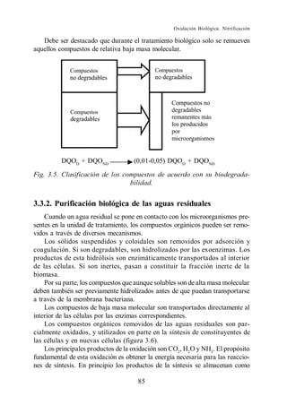 Oxidación Biológica. Nitrificación

   Debe ser destacado que durante el tratamiento biológico solo se remueven
aquellos compuestos de relativa baja masa molecular.




          DQOD + DQOND              (0,01-0,05) DQOD + DQOND
Fig. 3.5. Clasificación de los compuestos de acuerdo con su biodegrada-
                                 bilidad.


3.3.2. Purificación biológica de las aguas residuales
    Cuando un agua residual se pone en contacto con los microorganismos pre-
sentes en la unidad de tratamiento, los compuestos orgánicos pueden ser remo-
vidos a través de diversos mecanismos.
    Los sólidos suspendidos y coloidales son removidos por adsorción y
coagulación. Si son degradables, son hidrolizados por las exoenzimas. Los
productos de esta hidrólisis son enzimáticamente transportados al interior
de las células. Si son inertes, pasan a constituir la fracción inerte de la
biomasa.
    Por su parte, los compuestos que aunque solubles son de alta masa molecular
deben también ser previamente hidrolizados antes de que puedan transportarse
a través de la membrana bacteriana.
    Los compuestos de baja masa molecular son transportados directamente al
interior de las células por las enzimas correspondientes.
    Los compuestos orgánicos removidos de las aguas residuales son par-
cialmente oxidados, y utilizados en parte en la síntesis de constituyentes de
las células y en nuevas células (figura 3.6).
    Los principales productos de la oxidación son CO2, H2O y NH3. El propósito
fundamental de esta oxidación es obtener la energía necesaria para las reaccio-
nes de síntesis. En principio los productos de la síntesis se almacenan como

                                      85
 