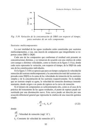 Oxidación Biológica. Nitrificación




Fig. 3.10. Variación de la concentración de DBO con respecto al tiempo,
                  para sustratos de un solo componente.

Sustratos multicomponentes
    La casi totalidad de las aguas residuales están constituidas por sustratos
multicomponentes, o sea, una mezcla de compuestos que integralmente se re-
portan como DBO ó DQO.
    Cada uno de los compuestos que conforman el residual está presente en
concentraciones distintas, y se remueven de acuerdo con una cinética de orden
cero aunque a distintas velocidades, como se ilustra en la figura 3.11(a), donde
cada recta representa la variación, con respecto al tiempo, de la DQO de cada
uno de los constituyentes individuales.
    En la figura 3.11(b) se aprecia que para un tiempo cualquiera la velocidad de
remoción del sustrato multicomponente y la concentración total del sustrato (ex-
presada como DQO) es la suma de las velocidades de remoción de los sustratos
simples y de la concentración de los sustratos respectivamente. En la medida
que un sustrato simple se agota, la velocidad de remoción disminuye instantá-
neamente, dando origen a un punto de ruptura en la curva de remoción.
    Si el número de componentes es suficientemente alto, como es el caso de la
práctica del tratamiento de las aguas residuales, el punto de ruptura puede ser
sustituido por una disminución suave. Esta curva puede ser descrita por una
ecuación diferencial general que representa la cinética de una reacción química
simple:
                                dS
                                      kn X 0 S n                             (3.22)
                                dt
donde:
    dS
       : Velocidad de remoción (mgL d ).
    dt
   kn: Constante de velocidad de remoción (d ).

                                       93
 