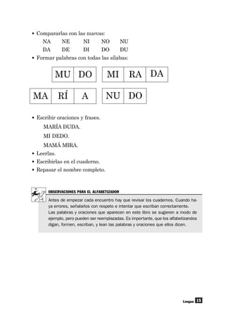 15
• Compararlas con las nuevas:
NA NE NI NO NU
DA DE DI DO DU
• Formar palabras con todas las sílabas:
Lengua
MU DO MI RA DA
NU DOMA RÍ A
• Escribir oraciones y frases.
MARÍA DUDA.
MI DEDO.
MAMÁ MIRA.
• Leerlas.
• Escribirlas en el cuaderno.
• Repasar el nombre completo.
OBSERVACIONES PARA EL ALFABETIZADOR
Antes de empezar cada encuentro hay que revisar los cuadernos. Cuando ha-
ya errores, señalarlos con respeto e intentar que escriban correctamente.
Las palabras y oraciones que aparecen en este libro se sugieren a modo de
ejemplo, pero pueden ser reemplazadas. Es importante, que los alfabetizandos
digan, formen, escriban, y lean las palabras y oraciones que ellos dicen.
 