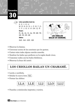 y
g
p
x
o
d
b q
e
z
m
j
c
m
i
o
eH
H
s
s
as y
j
b
f
a
i
i
M f
q
kk
L
V Y
z
o q
r
b iw
70
30
Encuentro
• Observar la lámina.
• Conversar acerca de las canciones que les gustan.
• Cantar entre todos alguna canción conocida.
• Nombrar los bailes que prefieren en la región donde viven.
• Comentar cuáles son los bailes folclóricos.
• Observar la frase del cartel:
Libro Simple para el Alfabetizador
Letras aprendidas hasta hoy
A - E - I - O - U
M - R - N - D - S - L - P - B - T - C -
Y - F - J - G - V - H - CH - Q - Ñ
Grupos:
PL - BL - CL - FL - GL - PR - BR - TR -
DR - FR - CR - GR
Sílabas:
GUE - GUI - GÜE - GÜI
LOS CRIOLLOS BAILAN UN CHAMAMÉ.
• Leerla y escribirla.
• Señalar la nueva letra LL .
• Formar las sílabas:
LLA LLE LLI LLO LLU
• Pasarlas a minúsculas imprenta y cursiva.
LOS CRIOLLOS
BAILAN UN CHAMAMÉ.
 