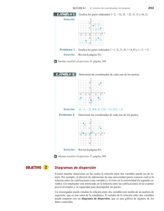 SECCIÓN 5.1 El sistema de coordenadas rectangular 203
Grafica los pares ordenados 122, 232, 13, 222, 11, 32 y 14, 22.
Solución
–4 4
–2 2
–4
2
4
–2
0
y
x
(1, 3)
(4, 2)
(–2, –3)
(3, –2)
Problema 1 Grafica los pares ordenados 121, 32, 11, 42, 124, 02 y 122, 212.
Solución Revisa la página S11.
Intenta resolver el ejercicio 11, página 208.
Determina las coordenadas de cada uno de los puntos.
y
x
4
–4
4
2
–2
–4
0
–2 2
A
B
C
D
Solución A124, 222, B14, 42, C10, 232, D13, 222
Problema 2 Determina las coordenadas de cada uno de los puntos.
y
x
4
–4
4
2
–2
–4
0
–2 2
C
A
D
B
Solución Revisa la página S11.
Intenta resolver el ejercicio 17, página 208.
OBJETIVO 2 Diagramas de dispersión
Existen muchas situaciones en las cuales la relación entre dos variables puede ser de in-
terés. Por ejemplo, el director de admisiones de una universidad quiere conocer cuál es la
relación entre las calificaciones (una variable) y el éxito en la universidad (la segunda va-
riable). Un empleador está interesado en la relación entre las calificaciones en un examen
previo al empleo y la capacidad para desempeñar un puesto.
Un investigador puede estudiar la relación entre dos variables por medio de un análisis de
regresión, que es una rama de la estadística. El estudio de la relación entre dos variables
puede empezar con un diagrama de dispersión, que es una gráfica de algunos de los
datos conocidos.
EJEMPLO 1
†
EJEMPLO 2
†
 