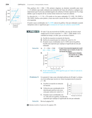 254 CAPÍTULO 5 Ecuaciones y desigualdades lineales
Para graficar f 1x2 5 180x 1 250, primero elegimos un dominio razonable para tener
x # 0, debido a que nadie ordenaría una instalación de 0 pies de cubierta y cualquier can-
tidad menor que 0 sería una cantidad negativa de cubierta. El límite superior de 25 se elige
debido a que la mayoría de las cocinas tienen menos de 25 pies de cubierta.
La elección de x 5 5, 10, y 20 resulta en los pares ordenados 15, 11502, 110, 20502 y
120, 38502. Grafica estos puntos y traza una recta a través de ellos. La gráfica se muestra
a la izquierda.
El punto cuyas coordenadas son 18, 16902 está en la gráfica. Este par ordenado se puede
interpretar como si significara que la instalación de 8 pies de cubierta cuesta $1690.
El valor V de una inversión de $2500 a una tasa de interés anual
simple de 6% lo da la ecuación V 5 150t 1 2500, donde t es la
cantidad de tiempo, en años, que se invierte el dinero.
A. Escribe la ecuación en notación de función.
B. Grafica la ecuación para los valores de t entre 0 y 10.
C. El punto cuyas coordenadas son 15, 32502 está en la gráfica.
Escribe una expresión que explique el significado de este par
ordenado.
Solución A. V 5 150t 1 2500 • El valor V de la inversión depende de la canti-
dad de tiempo t que se invierte. El valor V es
una función del tiempo t.
f1t2 5 150t 1 2500
B.
Valor
(en
dólares)
Tiempo (en años)
4000
2
0 4 6 8 10
V
t
3000
2000
1000
(5, 3250)
• Algunos pares ordenados
de la función son 12, 28002,
14, 31002 y 16, 34002.
C. El par ordenado 15, 32502 significa que en 5 años el valor de la
inversión será $3250.
Problema 5 Un automóvil viaja a una velocidad uniforme de 40 mph. La distan-
cia d (en millas) que recorre en t horas la proporciona la ecuación
d 5 40t.
A. Escribe la ecuación en notación
de función.
B. Utiliza los ejes coordenados de la
derecha para graficar esta ecua-
ción para valores de t entre 0 y 5.
C. El punto cuyas coordenadas son
13, 1202 está en la gráfica. Escribe una
expresión que explique el significado de este par ordenado.
Solución Revisa la página S13.
Intenta resolver el ejercicio 61, página 258.
EJEMPLO 5
Distancia
(en
millas)
Tiempo (en horas)
400
300
200
100
5
4
3
2
1
0
d
t
†
Costo
(en
dólares)
Cubierta
(en pies)
4000
5
0 10 15 20 25
C
x
3000
2000
1000
(5, 1150)
(8, 1690)
(10, 2050)
(20, 3850)
 