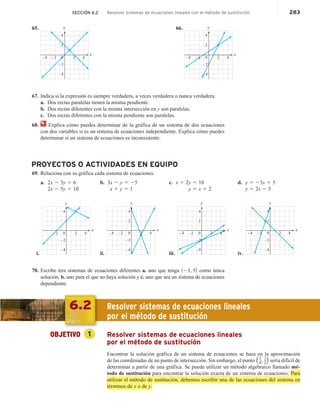 SECCIÓN 6.2 Resolver sistemas de ecuaciones lineales con el método de sustitución 283
65. y
x
4
–4
–2
2
0
2
4
–2
–4
66.
0
y
x
–2
–4 4
4
–4
2
–2
2
67. Indica si la expresión es siempre verdadera, a veces verdadera o nunca verdadera.
a. Dos rectas paralelas tienen la misma pendiente.
b. Dos rectas diferentes con la misma intersección en y son paralelas.
c. Dos rectas diferentes con la misma pendiente son paralelas.
68. Explica cómo puedes determinar de la gráfica de un sistema de dos ecuaciones
con dos variables si es un sistema de ecuaciones independiente. Explica cómo puedes
determinar si un sistema de ecuaciones es inconsistente.
PROYECTOS O ACTIVIDADES EN EQUIPO
69. Relaciona con su gráfica cada sistema de ecuaciones.
a. 2x 2 3y 5 6
2x 2 5y 5 10
i.
y
x
0 4
4
–4
2
–2
–2
b. 3x 2 y 5 25
x 1 y 5 1
ii.
y
x
0 4
4
–4
2
–2
2
–2
–4
c. x 1 2y 5 10
y 5 x 1 2
iii.
y
x
0 4
4
–4
2
–2
2
–2
–4
d. y 5 23x 1 5
y 5 2x 2 5
iv.
y
x
0 4
4
–4
2
–2
2
–2
–4
70. Escribe tres sistemas de ecuaciones diferentes a. uno que tenga 123, 52 como única
solución, b. uno para el que no haya solución y c. uno que sea un sistema de ecuaciones
dependiente.
6.2 Resolver sistemas de ecuaciones lineales
por el método de sustitución
OBJETIVO 1 Resolver sistemas de ecuaciones lineales
por el método de sustitución
Encontrar la solución gráfica de un sistema de ecuaciones se basa en la aproximación
de las coordenadas de un punto de intersección. Sin embargo, el punto 11
4,
1
22 sería difícil de
determinar a partir de una gráfica. Se puede utilizar un método algebraico llamado mé-
todo de sustitución para encontrar la solución exacta de un sistema de ecuaciones. Para
utilizar el método de sustitución, debemos escribir una de las ecuaciones del sistema en
términos de x o de y.
 
