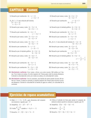 CAPÍTULO 6 Examen
Ejercicios de repaso acumulativos 305
1. Resuelve por sustitución: 4x 2 y 5 11
y 5 2x 2 5
3. ¿Es 122, 32 una solución del sistema
2x 1 5y 5 11
x 1 3y 5 7?
5. Resuelve por suma y resta: 2x 2 5y 5 6
4x 1 3y 5 21
7. Resuelve por sustitución: 4x 1 2y 5 3
y 5 22x 1 1
9. Resuelve por suma y resta: 7x 1 3y 5 11
2x 2 5y 5 9
11. Resuelve por suma y resta: 5x 1 6y 5 27
3x 1 4y 5 25
13. Resuelve por sustitución: 3x 2 y 5 5
y 5 2x 2 3
15. Resuelve por el método gráfico: 3x 1 2y 5 6
3x 2 2y 5 6
17. Resuelve por suma y resta: 5x 1 4y 5 7
3x 2 2y 5 13
19. Resuelve por sustitución: 4x 2 3y 5 1
2x 1 y 5 3
21. Resuelve por sustitución: 3x 2 5y 5 223
x 1 2y 5 24
2. Resuelve por suma y resta: 4x 1 3y 5 11
5x 2 3y 5 7
4. Resuelve por sustitución: x 5 2y 1 3
3x 2 2y 5 5
6. Resuelve por el método gráfico: 3x 1 2y 5 6
5x 1 2y 5 2
8. Resuelve por sustitución: 3x 1 5y 5 1
2x 2 y 5 5
10. Resuelve por sustitución: 3x 2 5y 5 13
x 1 3y 5 1
12. ¿Es 12, 12 una solución del sistema 3x 2 2y 5 8
4x 1 5y 5 3?
14. Resuelve por suma y resta: 3x 1 2y 5 2
5x 2 2y 5 14
16. Resuelve por sustitución: x 5 3y 1 1
2x 1 5y 5 13
18. Resuelve por el método gráfico: 3x 1 6y 5 2
y 5 2
1
2
x 1
1
3
20. Resuelve por suma y resta: 5x 2 3y 5 29
4x 1 7y 5 25
22. Resuelve por suma y resta: 9x 2 2y 5 17
5x 1 3y 5 27
23. Movimiento uniforme Con viento a favor, un avión recorre 240 millas en 2 ho-
ras. Con viento en contra, el avión requiere de 3 horas para volar la misma distancia.
Calcula la velocidad del avión con viento en calma y la velocidad del viento.
24. Movimiento uniforme Con la corriente, una lancha de motor puede recorrer 48 mi-
llas en 3 horas. Contra la corriente, la lancha requiere de 4 horas para recorrer la mis-
ma distancia. Calcula la velocidad de la lancha en agua en calma y la velocidad de la
corriente.
1. Dado A 5 528, 24, 06, ¿qué elementos del conjunto
son menores o iguales que 24?
3. Simplifica: 12 2 217 2 522
4 4
5. Evalúa
a2
2 b2
2a
cuando a 5 4 y b 5 22.
7. Resuelve: 4 2 312 2 3x2 5 7x 2 9
2. Utiliza el método de lista para anotar el conjunto de
números enteros positivos menores o iguales que 10.
4. Simplifica: 235a 2 312 2 5a2 2 84
6. Resuelve: 2
3
4
x 5
9
8
8. Resuelve: 332 2 41x 1 12 4 5 6x 2 2
Ejercicios de repaso acumulativos
 