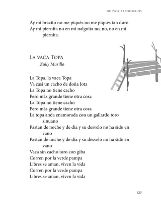 nuevos repertorios
125
Ay mi bracito no me piqués no me piqués tan duro
Ay mi piernita no en mi nalguita no, no, no en mi
piernita.
La vaca Topa
Zully Murillo
La Topa, la vaca Topa
Va casi un cacho de doña Jota
La Topa no tiene cacho
Pero más grande tiene otra cosa
La Topa no tiene cacho
Pero más grande tiene otra cosa
La topa anda enamorada con un gallardo toro
sinuano
Pastan de noche y de día y su desvelo no ha sido en
vano
Pastan de noche y de día y su desvelo no ha sido en
vano
Vaca sin cacho toro con giba
Corren por la verde pampa
Libres se aman, viven la vida
Corren por la verde pampa
Libres se aman, viven la vida
 