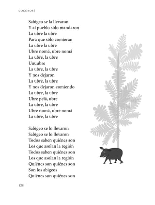 cocorobé
128
Sabigeo se la llevaron
Y al pueblo sólo mandaron
La ubre la ubre
Para que sólo comieran
La ubre la ubre
Ubre nomá, ubre nomá
La ubre, la ubre
Uuuubre
La ubre, la ubre
Y nos dejaron
La ubre, la ubre
Y nos dejaron comiendo
La ubre, la ubre
Ubre pelá, ubre
La ubre, la ubre
Ubre nomá, ubre nomá
La ubre, la ubre
Sabigeo se lo llevaron
Sabigeo se lo llevaron
Todos saben quiénes son
Los que asolan la región
Todos saben quiénes son
Los que asolan la región
Quiénes son quiénes son
Son los abigeos
Quiénes son quiénes son
 
