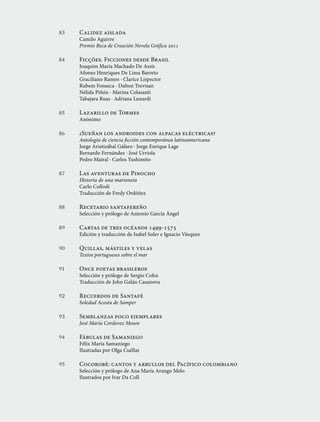 83	 Calidez aislada
	 Camilo Aguirre
	 Premio Beca de Creación Novela Gráfica 2011
84	 Ficções. Ficciones desde Brasil
	 Joaquim María Machado De Assís
	 Afonso Henriques De Lima Barreto
	 Graciliano Ramos · Clarice Lispector
	 Rubem Fonseca · Dalton Trevisan
	 Nélida Piñón · Marina Colasanti
	 Tabajara Ruas · Adriana Lunardi
85	 Lazarillo de Tormes
	 Anónimo
86	 ¿Sueñan los androides con alpacas eléctricas?
	 Antología de ciencia ficción contemporánea latinoamericana
	 Jorge Aristizábal Gáfaro · Jorge Enrique Lage
	 Bernardo Fernández · José Urriola
	 Pedro Mairal · Carlos Yushimito
87	 Las aventuras de Pinocho
	 Historia de una marioneta
	 Carlo Collodi
	 Traducción de Fredy Ordóñez
88	 Recetario santafereño
	 Selección y prólogo de Antonio García Ángel
89	 Cartas de tres océanos 1499-1575
	 Edición y traducción de Isabel Soler e Ignacio Vásquez
90	 Quillas, mástiles y velas
	 Textos portugueses sobre el mar
91	 Once poetas brasileros
	 Selección y prólogo de Sergio Cohn
	 Traducción de John Galán Casanova
92	 Recuerdos de Santafé
	 Soledad Acosta de Samper
93	 Semblanzas poco ejemplares
	 José María Cordovez Moure
94	 Fábulas de Samaniego
	 Félix María Samaniego
	 Ilustradas por Olga Cuéllar
95	 Cocorobé: cantos y arrullos del Pacífico colombiano
	 Selección y prólogo de Ana María Arango Melo
	 Ilustrados por Ivar Da Coll
 