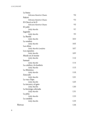 cocorobé
8
La batea
Feliciano Ramírez Chano	 92
Pakiró
Feliciano Ramírez Chano	 93
El Chocó es la O
Feliciano Ramírez Chano	 95
El yaibí
Zully Murillo	 97
Jugando
Zully Murillo	 99
La Banda
Zully Murillo	 103
La sombra
Zully Murillo	 105
Las olitas
Zully Murillo Londoño	 107
Los espantos
Zully Murillo	 109
Miedo en el monte
Zully Murillo	 112
Samuel
Zully Murillo	 114
La culebra y la lombriz
Zully Murillo	 115
La Mininica
Zully Murillo	 118
Zancudo
Zully Murillo	 121
La vaca Topa
Zully Murillo	 125
La torcaza y el gato
Zully Murillo	 130
La hormiga colorada
Zully Murillo	 131
La piña
Zully Murillo	 133
La candela
Zully Murillo	 135
Notas	 138
 