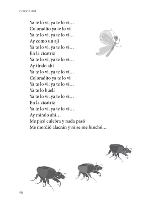 cocorobé
98
Ya te lo vi, ya te lo vi…
Coloradito ya te lo vi
Ya te lo vi, ya te lo vi…
Ay como un ají
Ya te lo vi, ya te lo vi…
En la cicatriz
Ya te lo vi, ya te lo vi…
Ay tíralo ahí
Ya te lo vi, ya te lo vi…
Coloradito ya te lo vi
Ya te lo vi, ya te lo vi…
Ya te lo huelí
Ya te lo vi, ya te lo vi…
En la cicatriz
Ya te lo vi, ya te lo vi…
Ay míralo ahí…
Me picó culebra y nada pasó
Me mordió alacrán y ni se me hinchó…
 