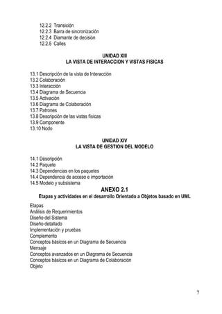 12.2.2   Transición
     12.2.3   Barra de sincronización
     12.2.4   Diamante de decisión
     12.2.5   Calles

                                   UNIDAD XIII
                    LA VISTA DE INTERACCION Y VISTAS FISICAS

13.1 Descripción de la vista de Interacción
13.2 Colaboración
13.3 Interacción
13.4 Diagrama de Secuencia
13.5 Activación
13.6 Diagrama de Colaboración
13.7 Patrones
13.8 Descripción de las vistas físicas
13.9 Componente
13.10 Nodo

                                    UNIDAD XIV
                         LA VISTA DE GESTION DEL MODELO

14.1 Descripción
14.2 Paquete
14.3 Dependencias en los paquetes
14.4 Dependencia de acceso e importación
14.5 Modelo y subsistema
                                        ANEXO 2.1
    Etapas y actividades en el desarrollo Orientado a Objetos basado en UML
Etapas
Análisis de Requerimientos
Diseño del Sistema
Diseño detallado
Implementación y pruebas
Complemento
Conceptos básicos en un Diagrama de Secuencia
Mensaje
Conceptos avanzados en un Diagrama de Secuencia
Conceptos básicos en un Diagrama de Colaboración
Objeto




                                                                              7
 